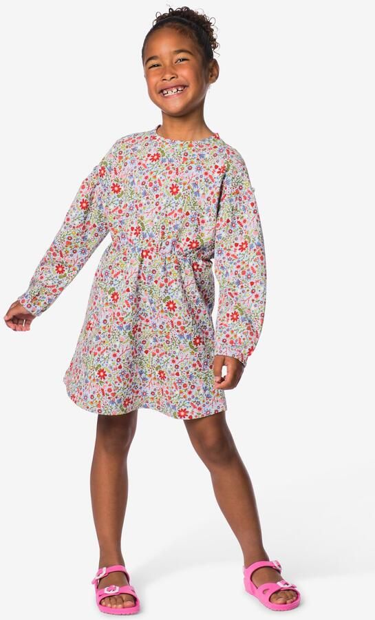 HEMA Kinderjurk Regular Fit Rib Bloemen Blauw (blauw)