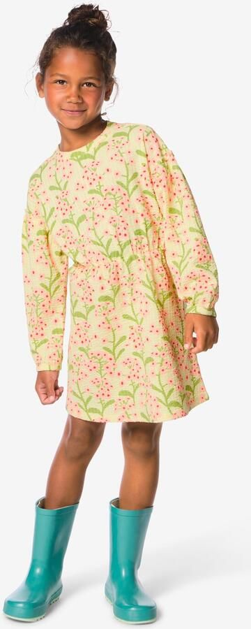 HEMA Kinderjurk Regular Fit Rib Bloemen Lichtgeel (lichtgeel)