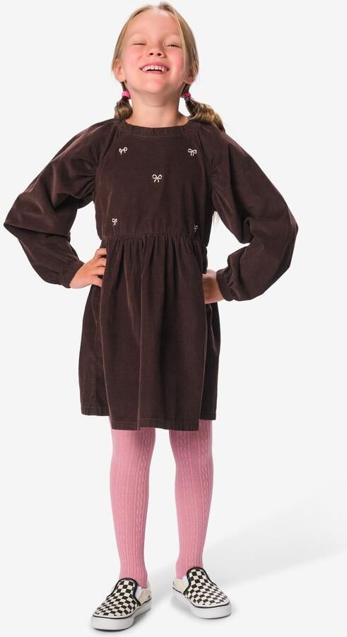 HEMA Kinderjurk Wijd Corduroy Bloemen Chocoladebruin