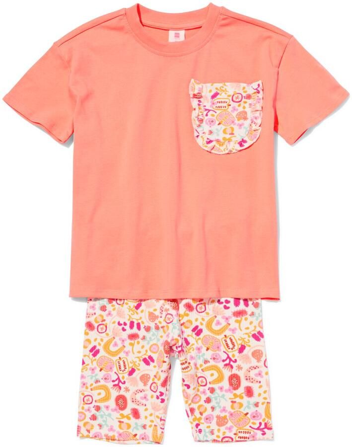 HEMA Kinderkledingset Rib Bloemen Koraal (koraal)