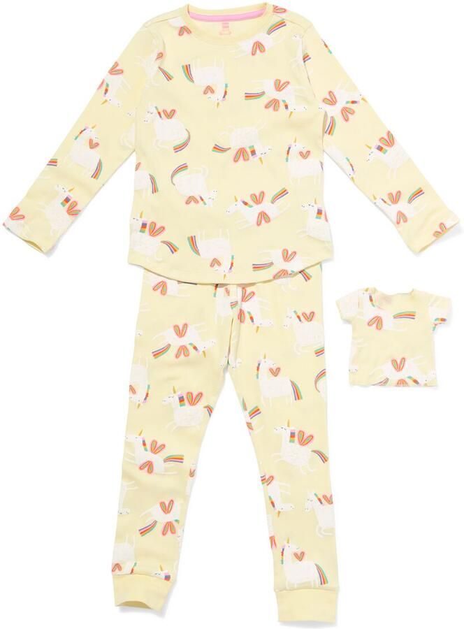 HEMA Kinderpyjama Rib Eenhoorn Met Poppenpyjama Geel (geel)