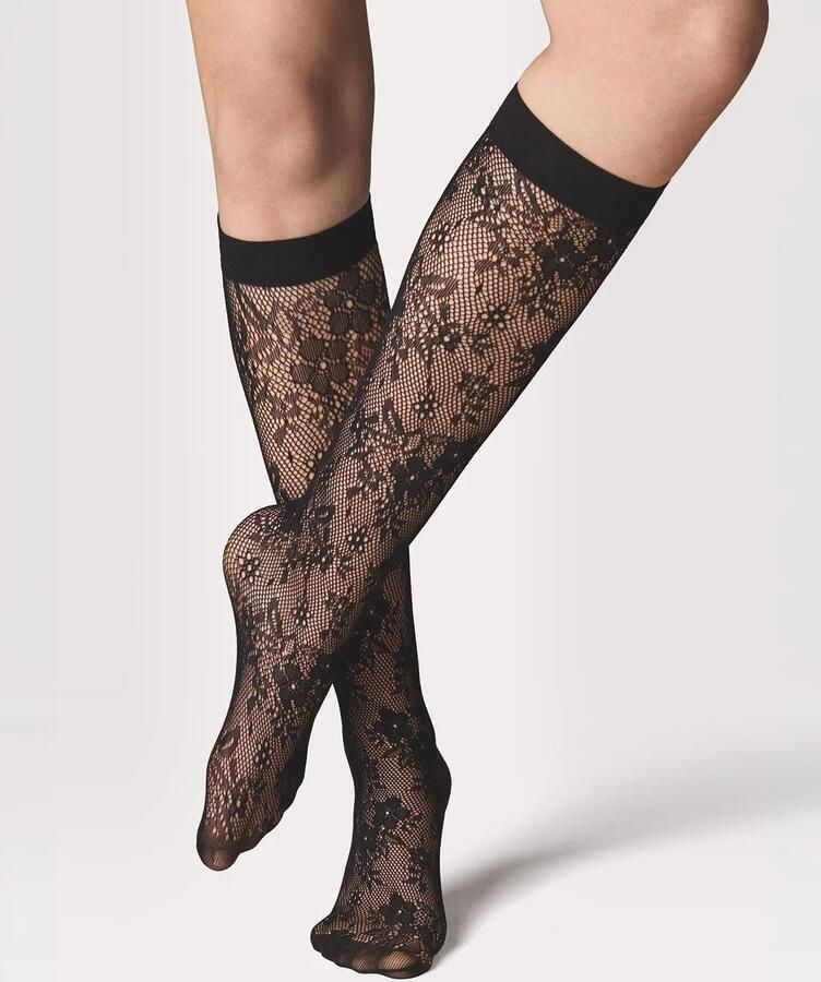 HEMA Kniekousen Fashion Net Bloemenkant Zwart (zwart)
