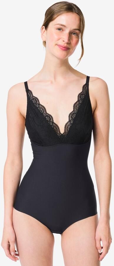 HEMA Medium Corrigerende Damesbody Met Kant Zwart (zwart)
