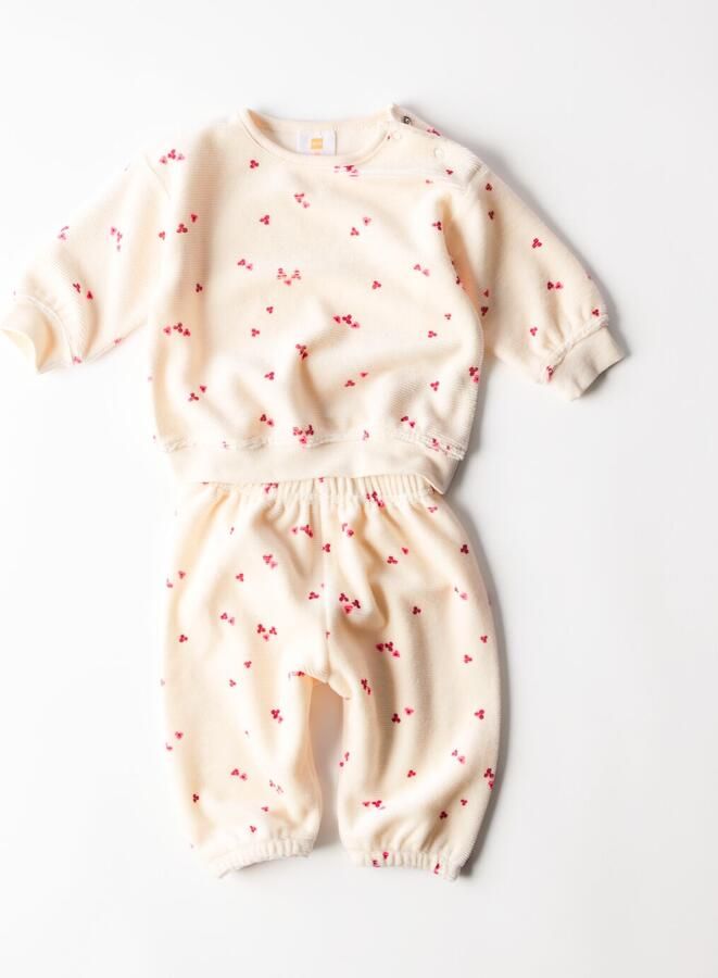 HEMA Newborn Kledingset Rib Velours Bloemen Ecru