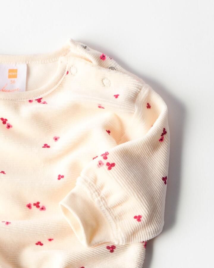 HEMA Newborn Kledingset Rib Velours Bloemen Ecru - Foto 2