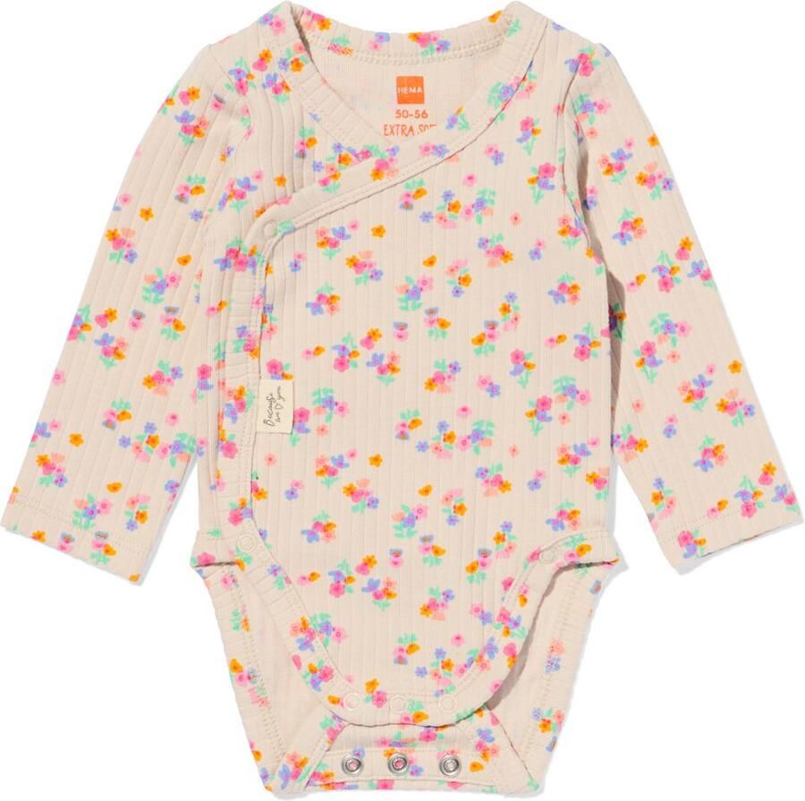 HEMA Newborn Meegroei Overslagromper Rib Bloemen Ecru (ecru)