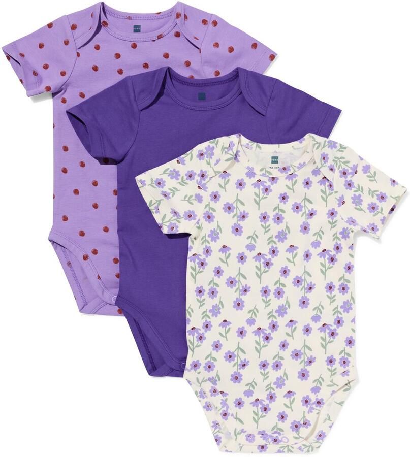 HEMA Rompers Katoen Met Stretch Bloemen 3 Stuks Paars (paars) - Foto 2