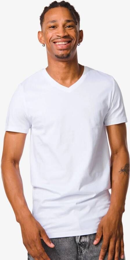 HEMA Heren T-shirt Regular Fit V-hals Extra Lang 2 Stuks Wit (wit)