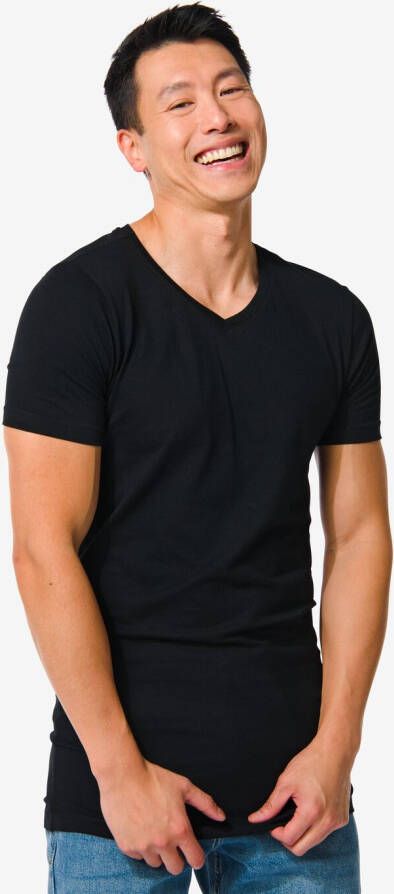HEMA Heren T-shirt Slim Fit V-hals Extra Lang Zwart (zwart)