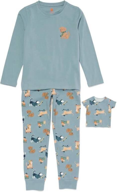 HEMA Kinder Pyjama Met Poppenpyjama Honden Middenblauw (middenblauw)