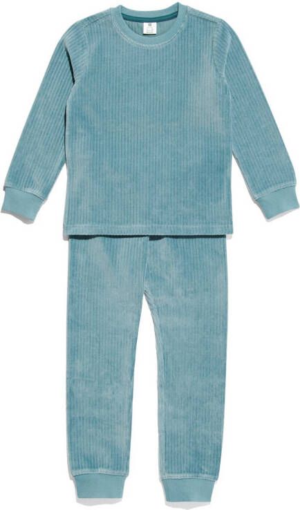 HEMA Kinder Pyjama Rib Velours Middenblauw (middenblauw)