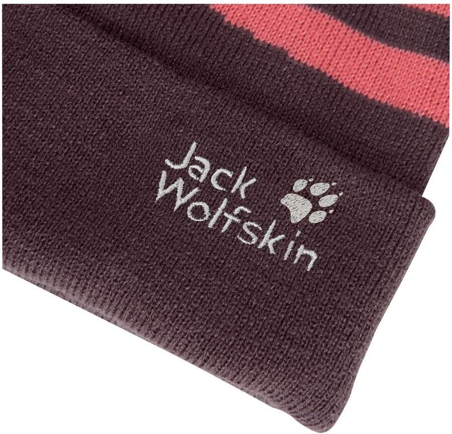 Jack Wolfskin Stripy Pompom Beanie Kids Winter muts kinderen M amaranth