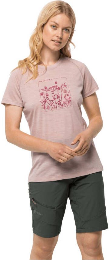 Jack Wolfskin Kammweg Graphic S S Women Dames T-shirt van merinoswol S rose smoke rose smoke