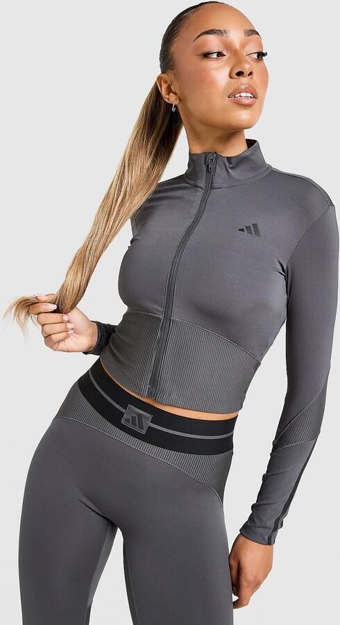 Adidas Hyperglam Ribbed Full Zip Top Grijs- Dames Grijs - Foto 5