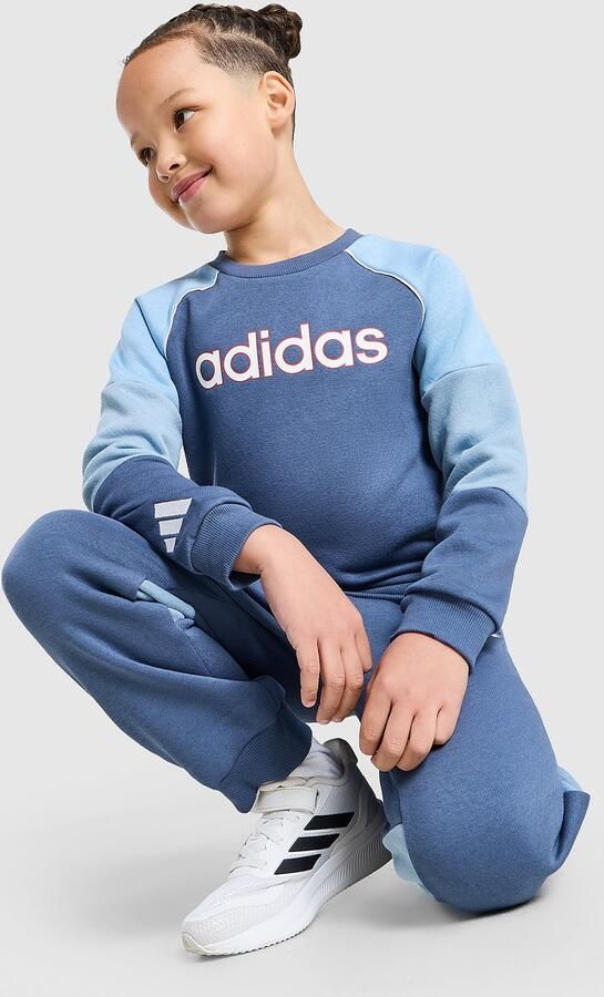 Adidas Linear Colour Block Crew Tracksuit Children Blauw Kind Blauw