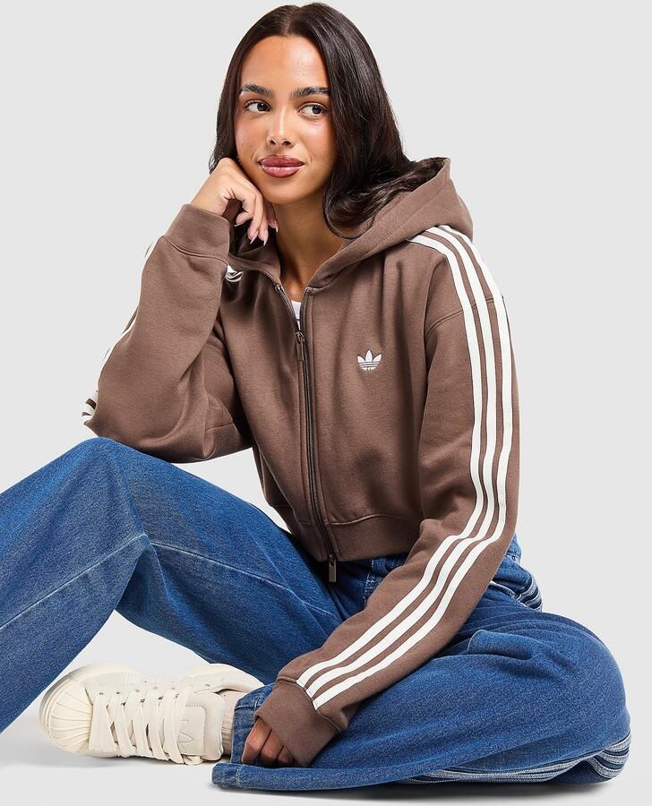 Adidas Originals 3-Stripes Cropped Full Zip Hoodie Bruin- Dames Bruin