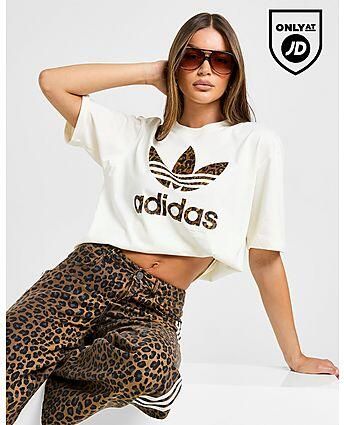 Adidas Originals Leopard Print Trefoil Boyfriend T-Shirt Cream- Dames Cream