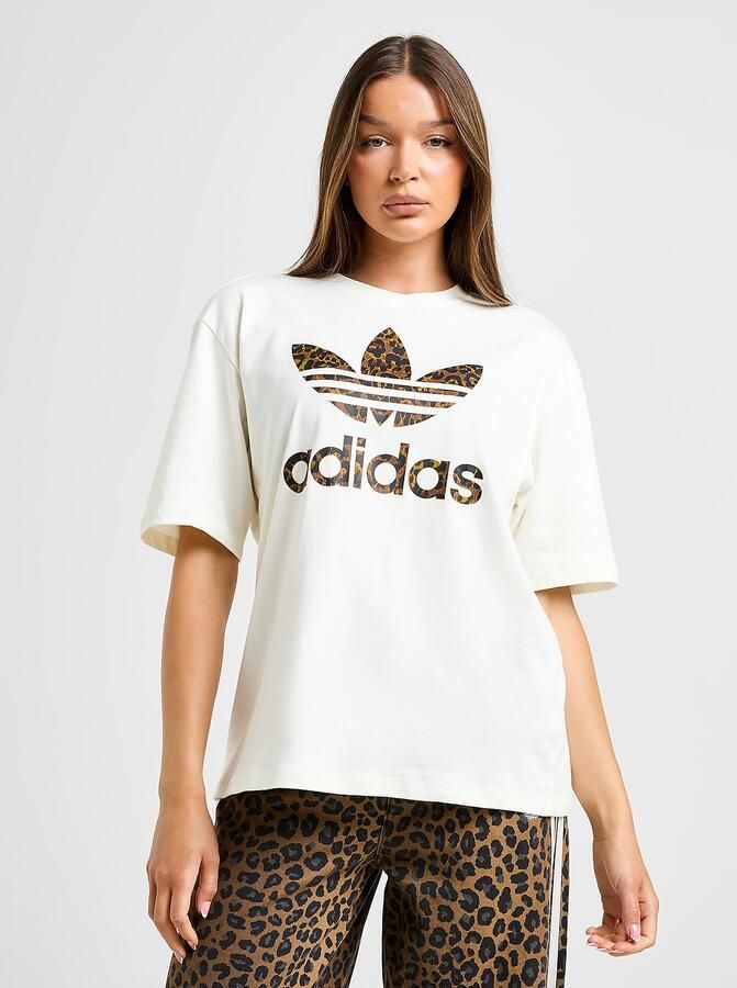 Adidas Originals Leopard Print Trefoil Boyfriend T-Shirt Crème- Dames Crème