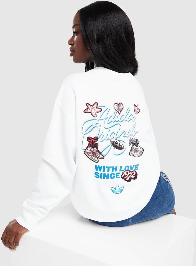 Adidas Originals Sticker Oversized Crew Sweatshirt Wit- Dames Wit