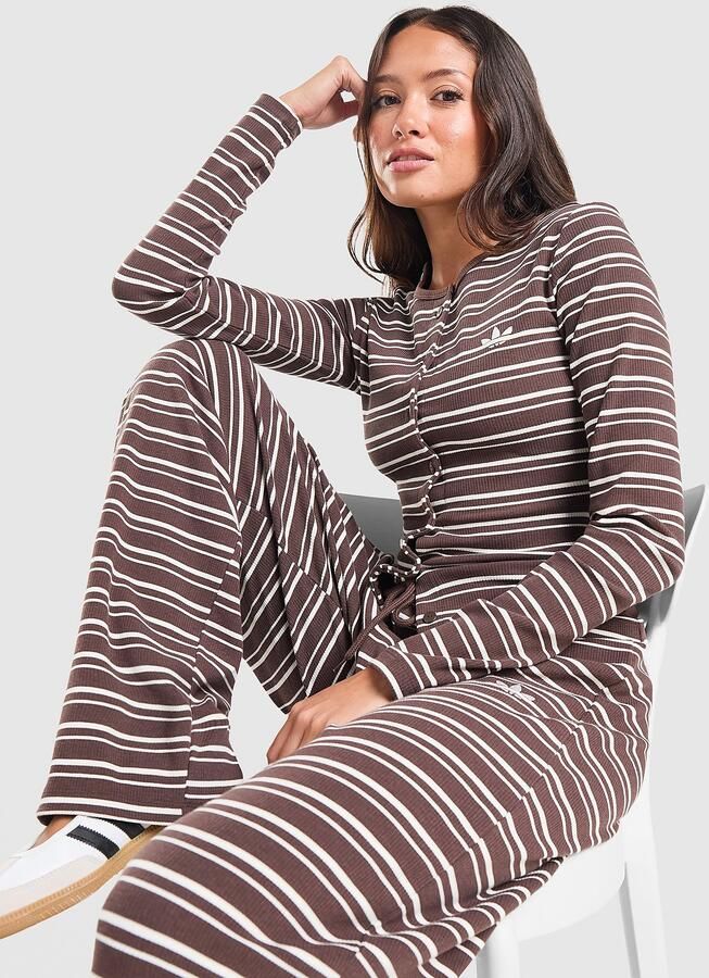 Adidas Originals Striped Ribbed Button Long Sleeve Top Bruin- Dames Bruin