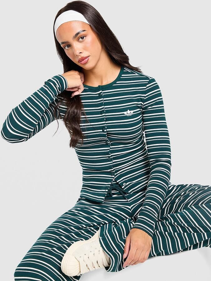 Adidas Originals Striped Ribbed Button Long Sleeve Top Groen- Dames Groen