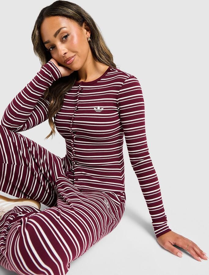Adidas Originals Striped Ribbed Button Long Sleeve Top Rood- Dames Rood