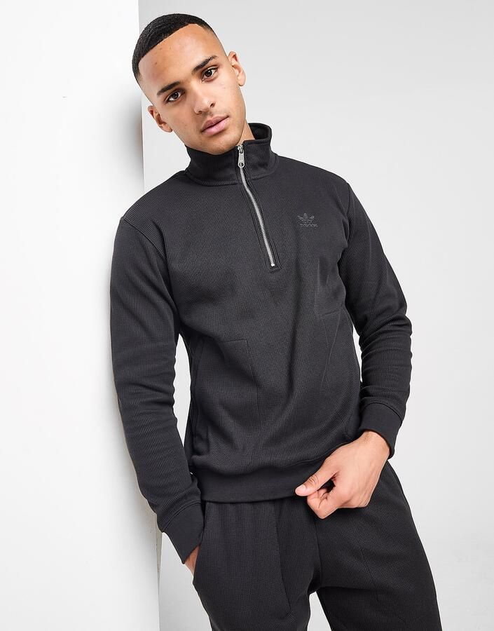 Adidas Originals Zwarte Half-Zip Sweater Essentials Wafel Black Heren