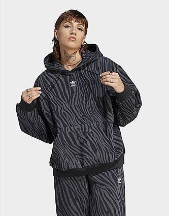 Adidas Originals Allover Zebra Animal Print Essentials Hoodie Carbon Black- Dames
