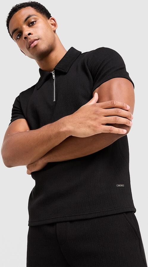 Belier Textured Zip Polo Shirt Zwart- Heren Zwart