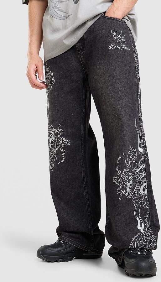 Ed Hardy All Over Print Embroidered Dragon Jeans Zwart- Heren Zwart