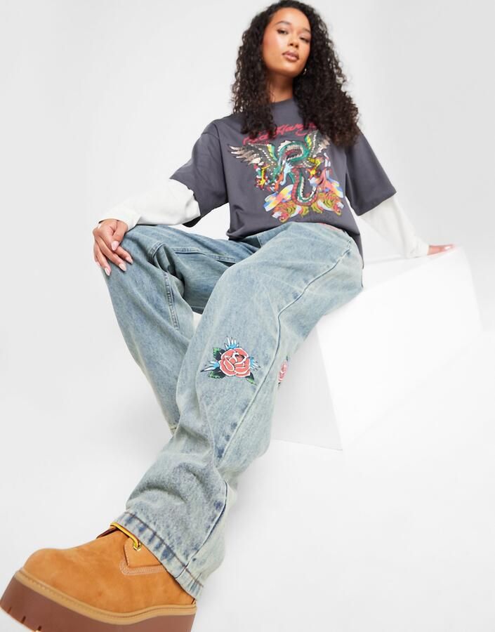 Ed Hardy Bloom Skull Relax Jeans Blauw- Dames Blauw