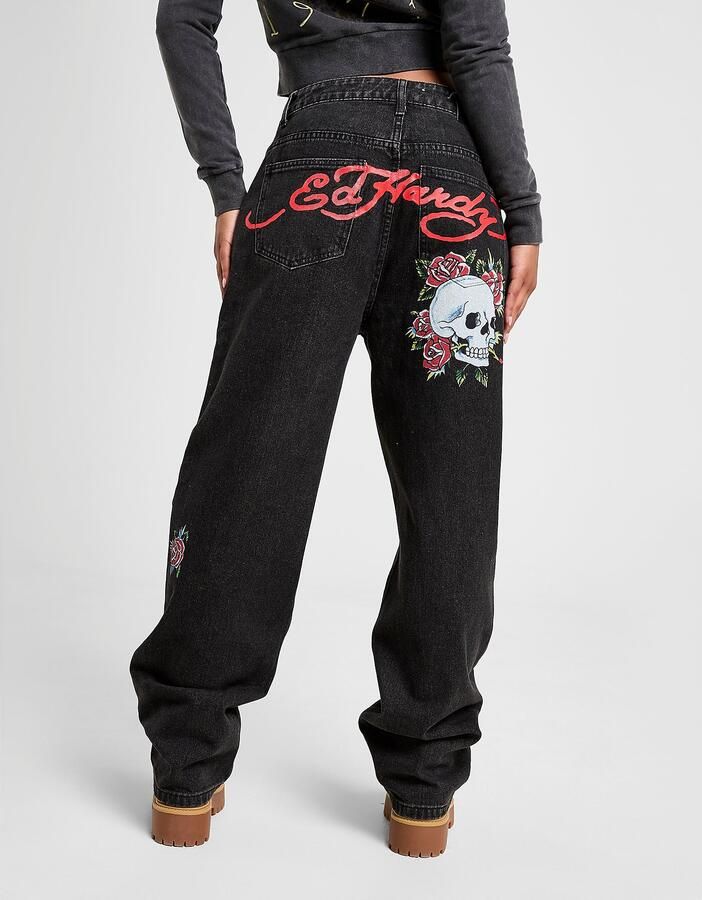 Ed Hardy Bloom Skull Relax Jeans Zwart- Dames Zwart