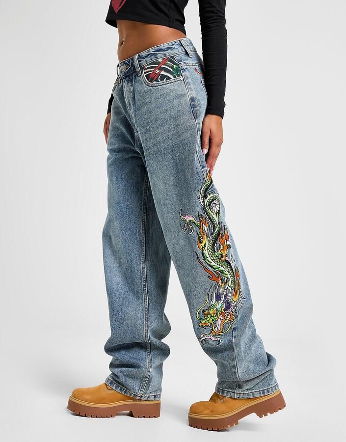 Ed Hardy Crawling Dragon Relaxed Jeans Blauw- Dames Blauw