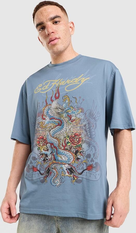 Ed Hardy Diamante Dragon T-Shirt Blauw- Heren Blauw