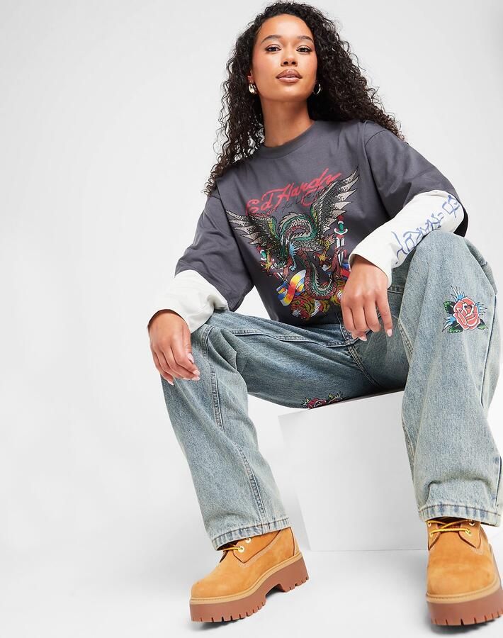 Ed Hardy Dragon Double Sleeve T-Shirt Grijs- Dames Grijs