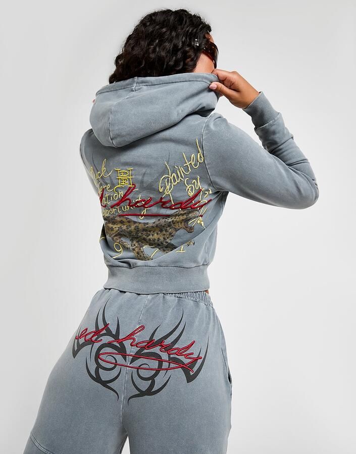 Ed Hardy Flame Tiger Crop Full Zip Hoodie Grijs- Dames Grijs