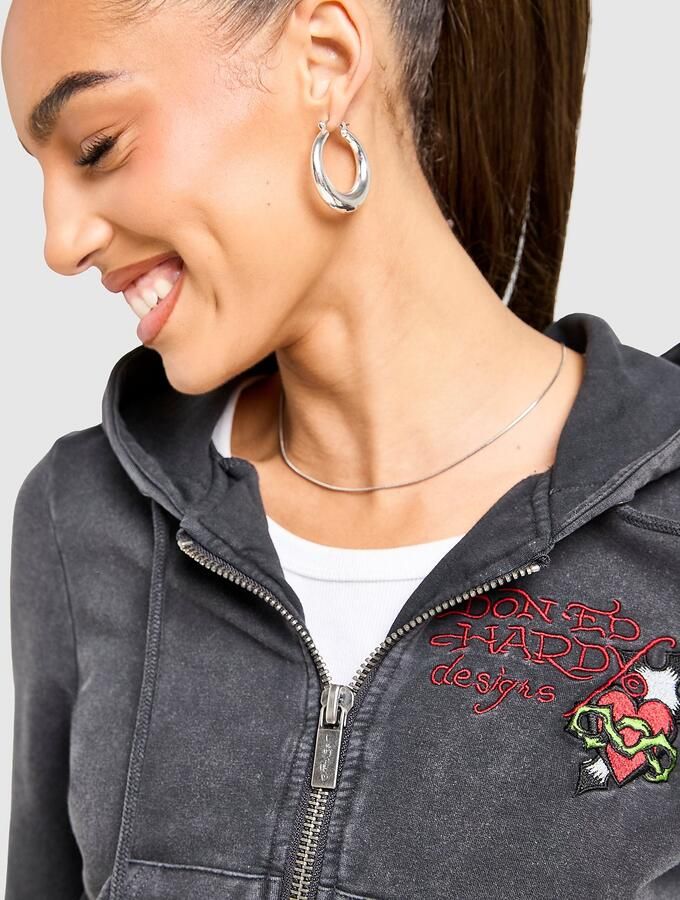 Ed Hardy Flame Tiger Crop Full Zip Hoodie Zwart- Dames Zwart