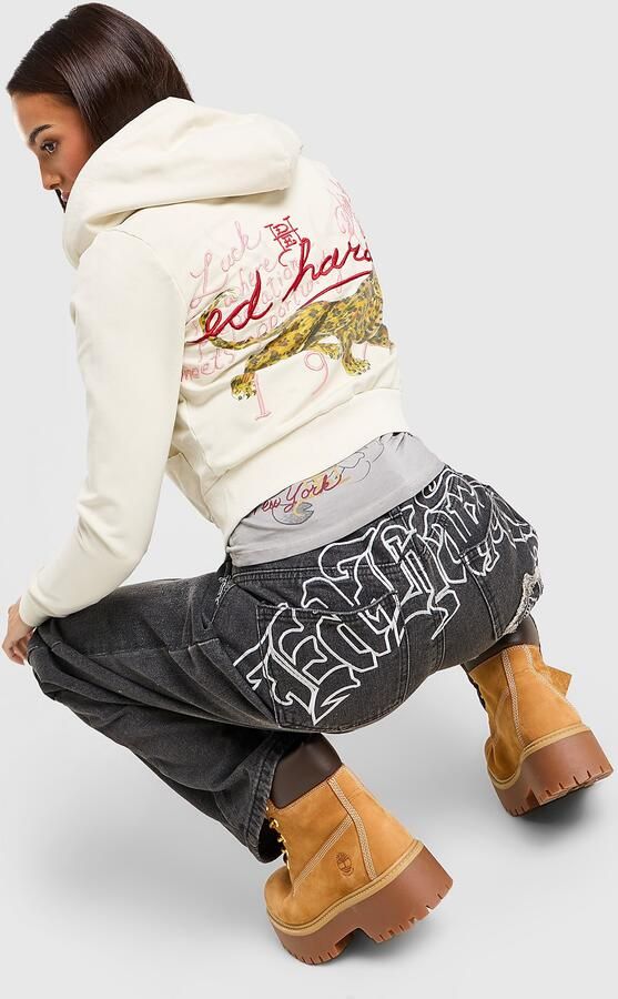 Ed Hardy Flame Tiger Cropped Full Zip Hoodie Wit- Dames Wit