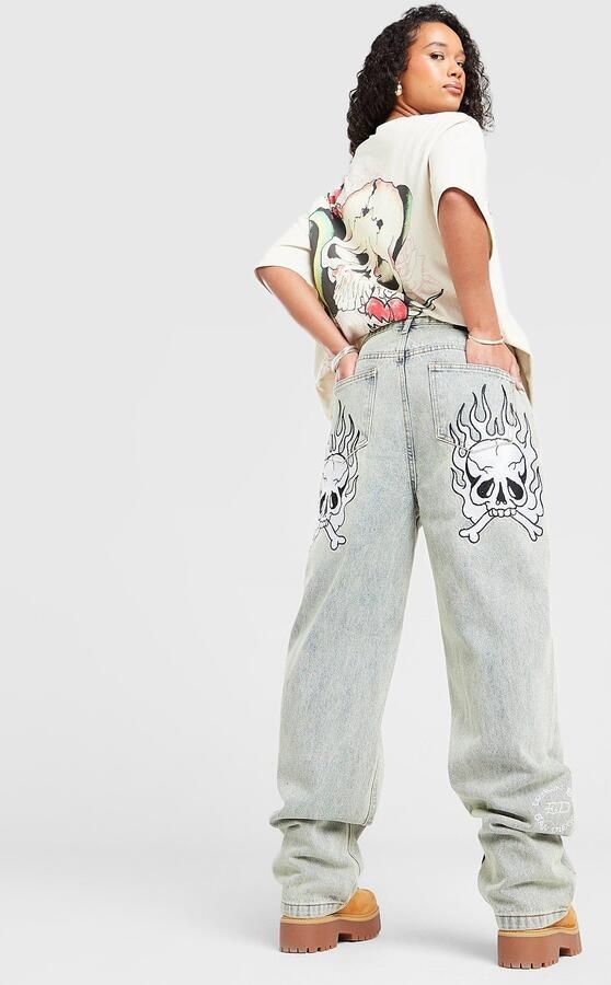 Ed Hardy Flaming Skull Relaxed Jeans Blauw- Dames Blauw
