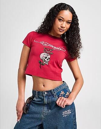 Ed Hardy Skull Diamante Ringer T-Shirt Red- Dames Red