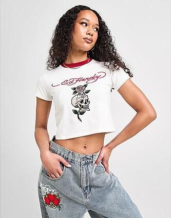 Ed Hardy Skull Diamante Ringer T-Shirt White- Dames White