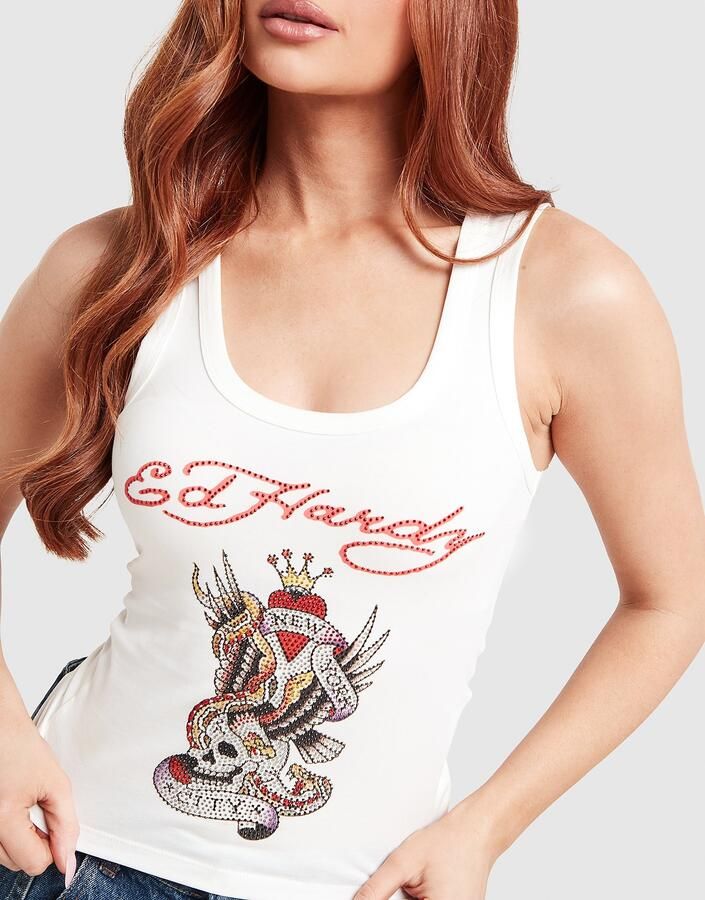 Ed Hardy Skull Diamante Vest Wit- Dames Wit