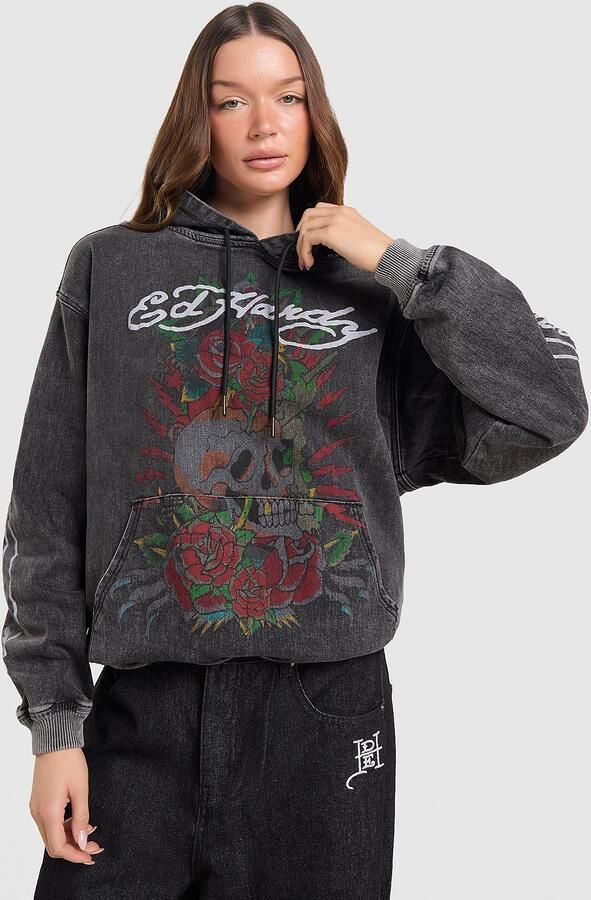 Ed Hardy Skull Overhead Denim Hoodie Zwart- Dames Zwart