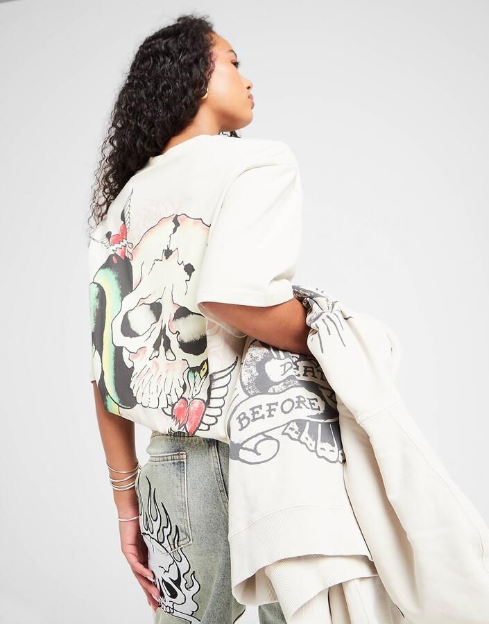 Ed Hardy Snake Skull Boyfriend T-Shirt Wit- Dames Wit