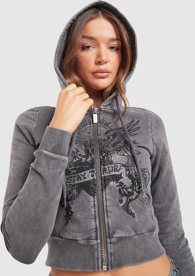 Ed Hardy True Diamante Cropped Full Zip Hoodie Zwart- Dames Zwart