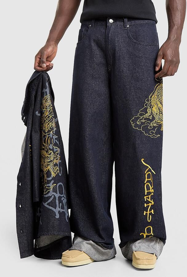 Ed Hardy Turn Up Dragon Xtra Jeans Blauw- Heren Blauw