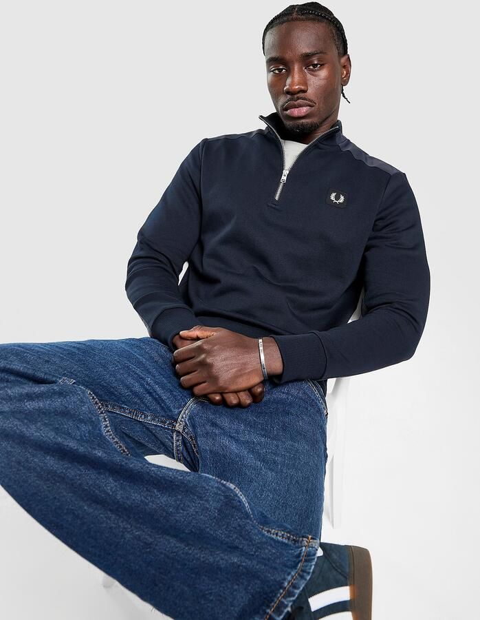Fred Perry Badge Panel 1 2 Zip Sweatshirt Blauw- Heren Blauw