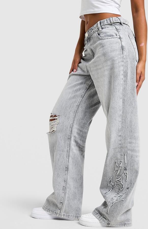 Hoodrich Spark Applique Wide Leg Jeans Grijs- Dames Grijs