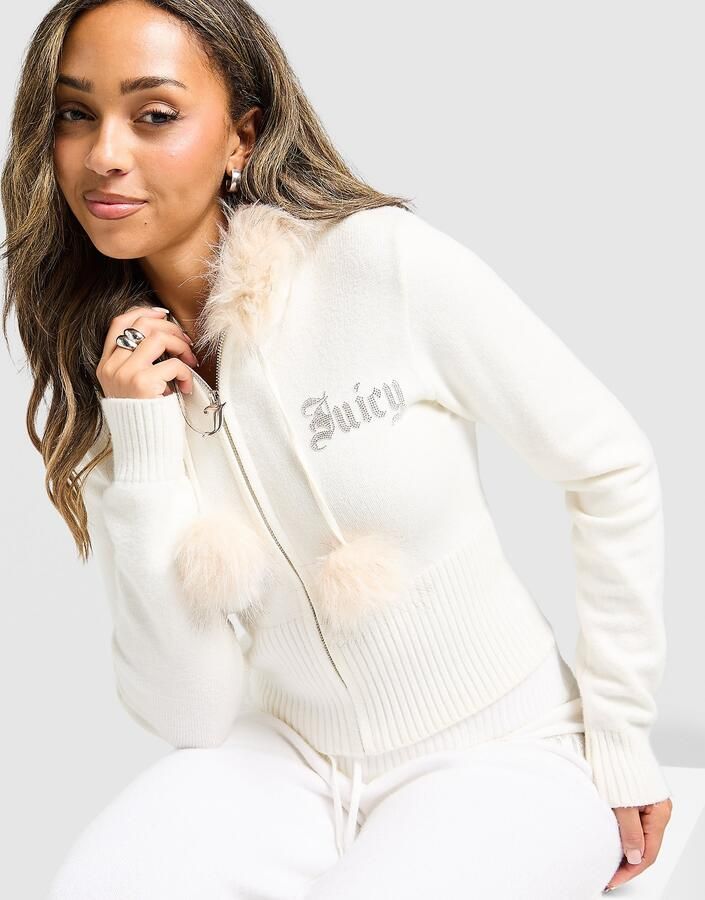 Juicy Couture Diamante Knitted Full Zip Hoodie Wit- Dames Wit