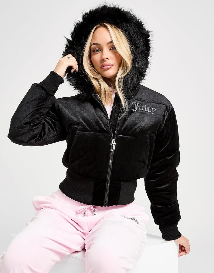 Juicy Couture Diamante Velour Padded Jacket Zwart- Dames Zwart
